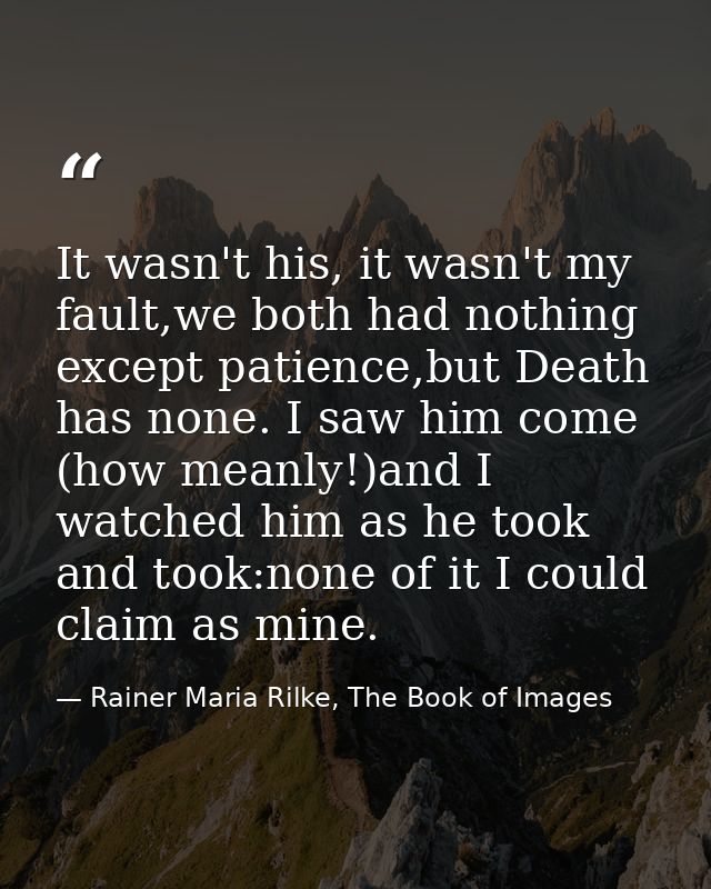 It wasn't his, it wasn't my fault,we both had nothing except patience,but Death has none. I saw him come (how meanly!)an — Rainer Maria Rilke, The Book of Images