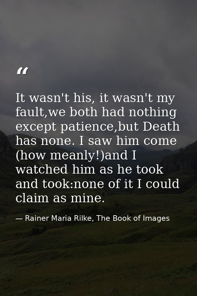 It wasn't his, it wasn't my fault,we both had nothing except patience,but Death has none. I saw him come (how meanly!)an — Rainer Maria Rilke, The Book of Images