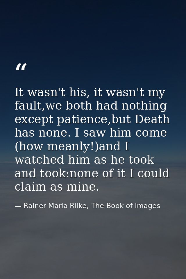 It wasn't his, it wasn't my fault,we both had nothing except patience,but Death has none. I saw him come (how meanly!)an — Rainer Maria Rilke, The Book of Images