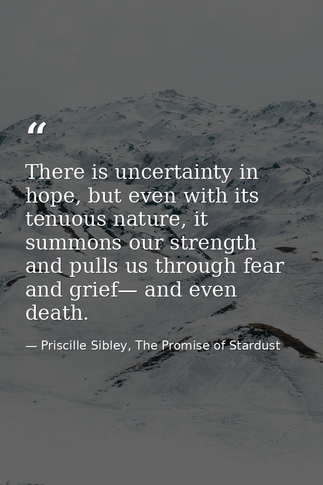 There is uncertainty in hope, but even with its tenuous nature, it summons our strength and pulls us through fear and gr — Priscille Sibley, The Promise of Stardust