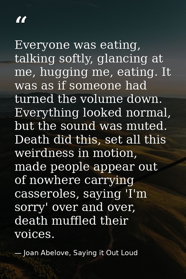 Everyone was eating, talking softly, glancing at me, hugging me, eating. It was as if someone had turned the volume down — Joan Abelove, Saying it Out Loud