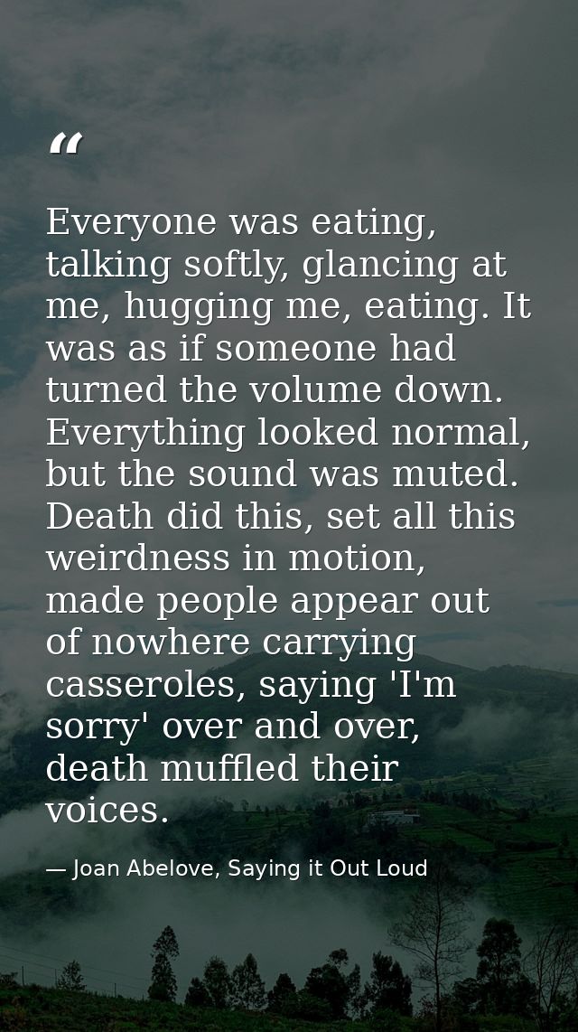 Everyone was eating, talking softly, glancing at me, hugging me, eating. It was as if someone had turned the volume down — Joan Abelove, Saying it Out Loud