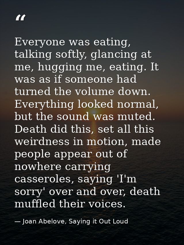 Everyone was eating, talking softly, glancing at me, hugging me, eating. It was as if someone had turned the volume down — Joan Abelove, Saying it Out Loud