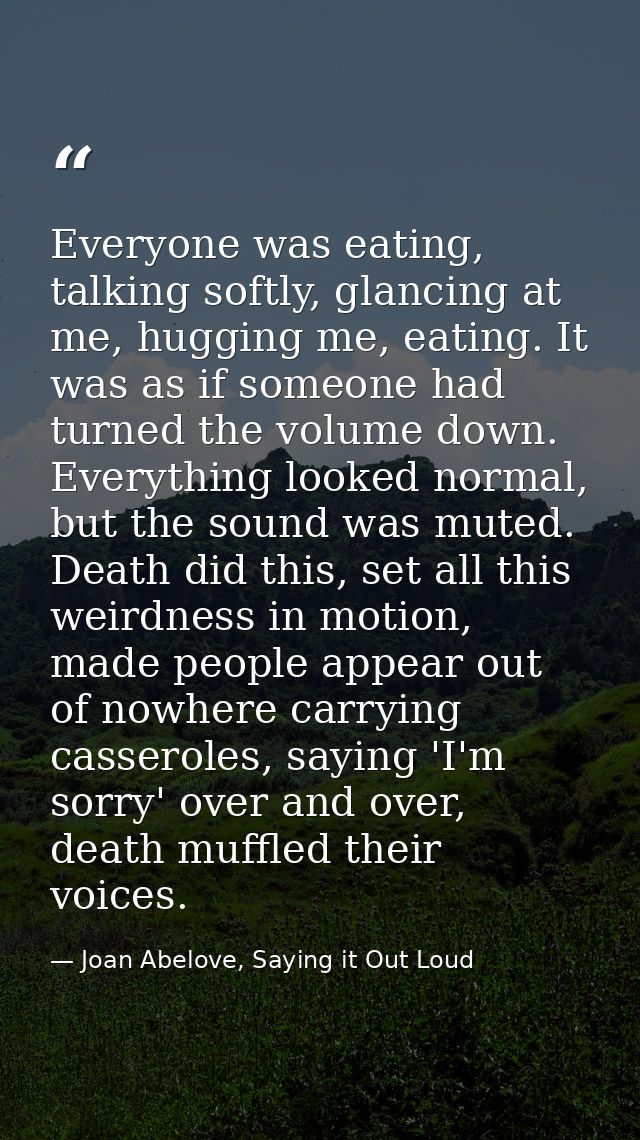 Everyone was eating, talking softly, glancing at me, hugging me, eating. It was as if someone had turned the volume down — Joan Abelove, Saying it Out Loud