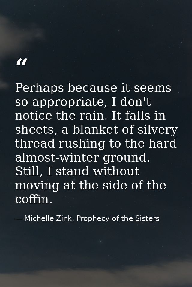 Perhaps because it seems so appropriate, I don't notice the rain. It falls in sheets, a blanket of silvery thread rushin — Michelle Zink, Prophecy of the Sisters