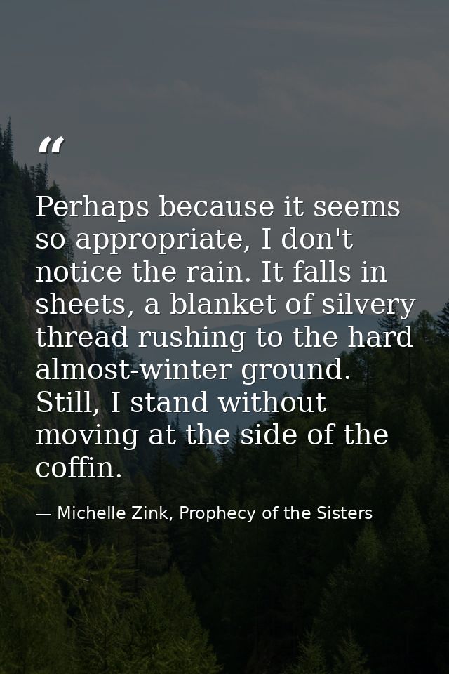 Perhaps because it seems so appropriate, I don't notice the rain. It falls in sheets, a blanket of silvery thread rushin — Michelle Zink, Prophecy of the Sisters