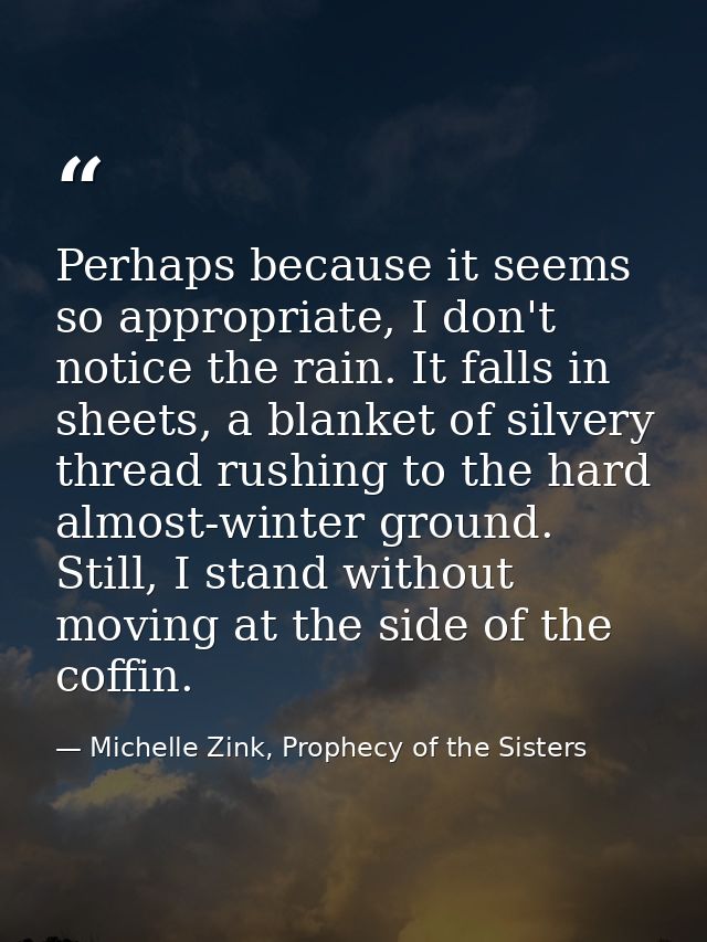 Perhaps because it seems so appropriate, I don't notice the rain. It falls in sheets, a blanket of silvery thread rushin — Michelle Zink, Prophecy of the Sisters
