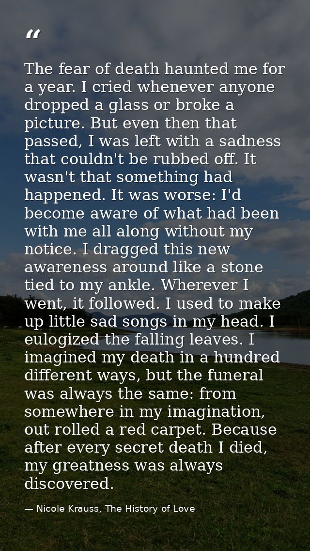 The fear of death haunted me for a year. I cried whenever anyone dropped a glass or broke a picture. But even then that  — Nicole Krauss, The History of Love