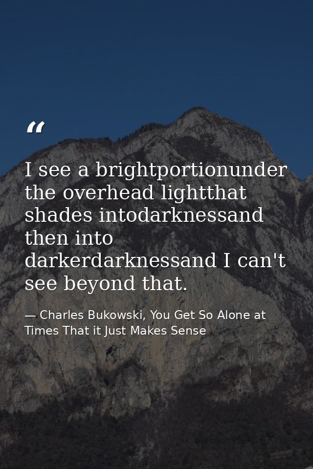 I see a brightportionunder the overhead lightthat shades intodarknessand then into darkerdarknessand I can't see beyond  — Charles Bukowski, You Get So Alone at Times That it Just Makes Sense