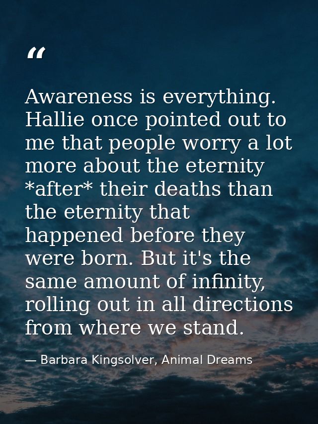 Awareness is everything. Hallie once pointed out to me that people worry a lot more about the eternity *after* their dea — Barbara Kingsolver, Animal Dreams