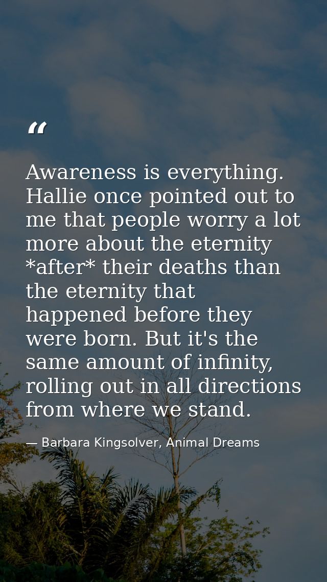 Awareness is everything. Hallie once pointed out to me that people worry a lot more about the eternity *after* their dea — Barbara Kingsolver, Animal Dreams