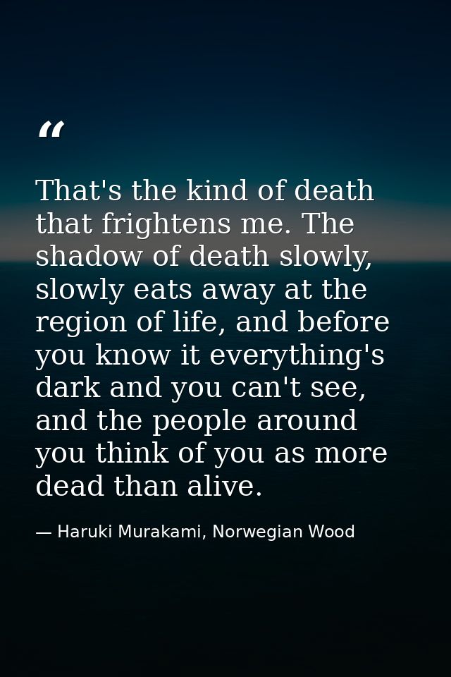 That's the kind of death that frightens me. The shadow of death slowly, slowly eats away at the region of life, and befo — Haruki Murakami, Norwegian Wood
