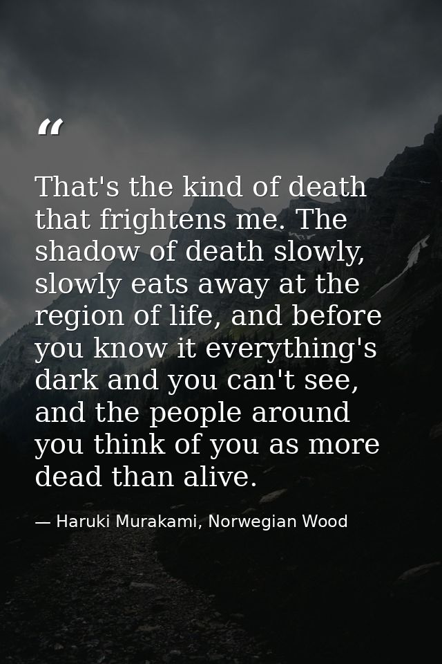 That's the kind of death that frightens me. The shadow of death slowly, slowly eats away at the region of life, and befo — Haruki Murakami, Norwegian Wood