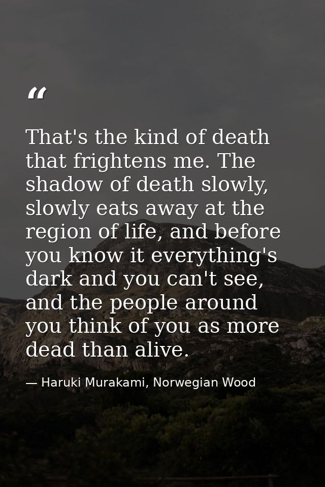 That's the kind of death that frightens me. The shadow of death slowly, slowly eats away at the region of life, and befo — Haruki Murakami, Norwegian Wood