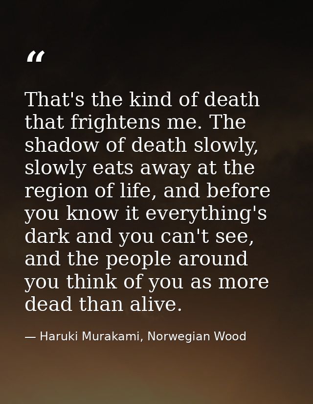 That's the kind of death that frightens me. The shadow of death slowly, slowly eats away at the region of life, and befo — Haruki Murakami, Norwegian Wood