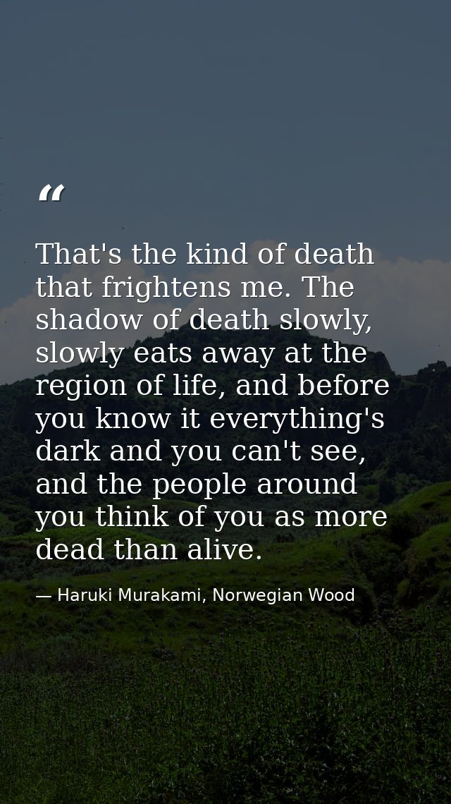That's the kind of death that frightens me. The shadow of death slowly, slowly eats away at the region of life, and befo — Haruki Murakami, Norwegian Wood