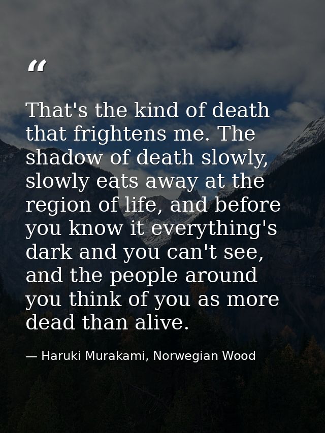 That's the kind of death that frightens me. The shadow of death slowly, slowly eats away at the region of life, and befo — Haruki Murakami, Norwegian Wood