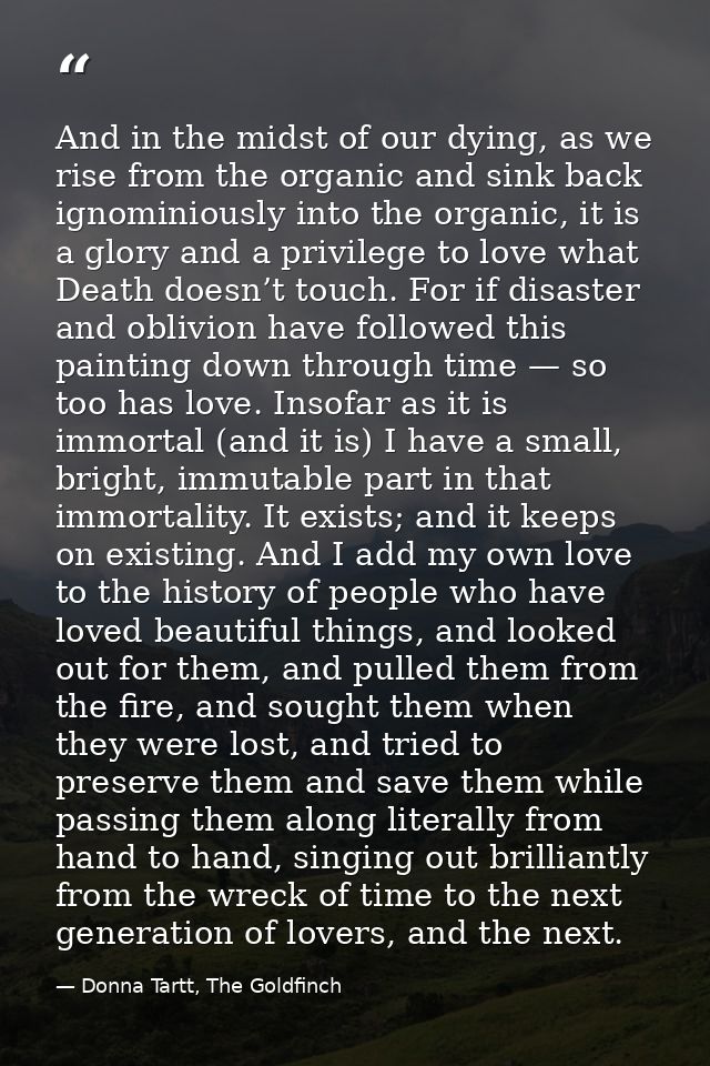 And in the midst of our dying, as we rise from the organic and sink back ignominiously into the organic, it is a glory a — Donna Tartt, The Goldfinch