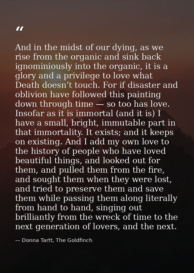 And in the midst of our dying, as we rise from the organic and sink back ignominiously into the organic, it is a glory a — Donna Tartt, The Goldfinch