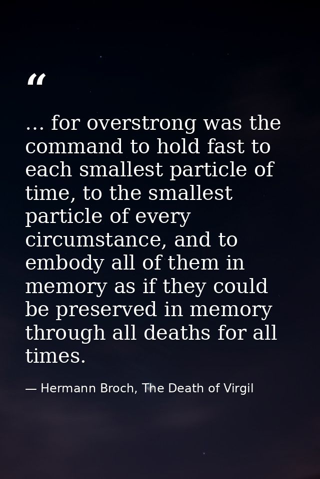 … for overstrong was the command to hold fast to each smallest particle of time, to the smallest particle of every circu — Hermann Broch, The Death of Virgil
