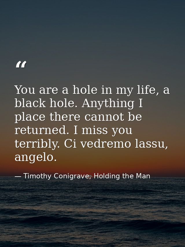 You are a hole in my life, a black hole. Anything I place there cannot be returned. I miss you terribly. Ci vedremo lass — Timothy Conigrave, Holding the Man