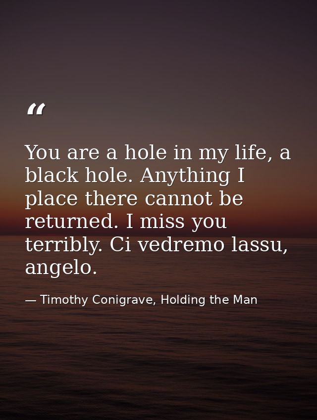 You are a hole in my life, a black hole. Anything I place there cannot be returned. I miss you terribly. Ci vedremo lass — Timothy Conigrave, Holding the Man