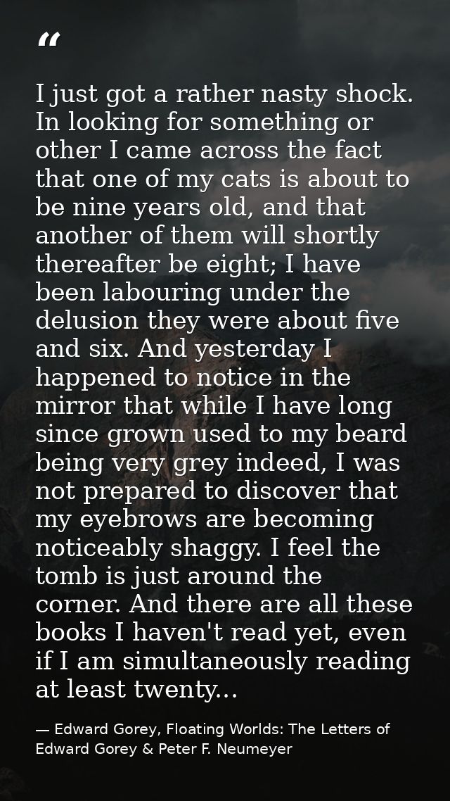 I just got a rather nasty shock. In looking for something or other I came across the fact that one of my cats is about t — Edward Gorey, Floating Worlds: The Letters of Edward Gorey & Peter F. Neumeyer