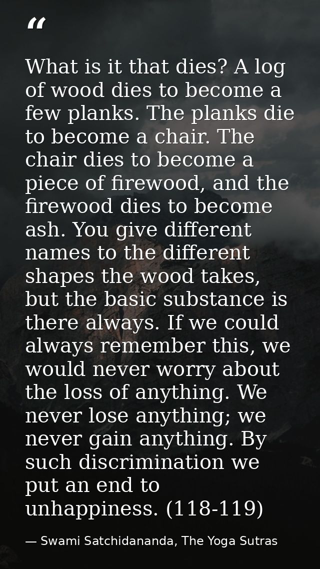 What is it that dies? A log of wood dies to become a few planks. The planks die to become a chair. The chair dies to bec — Swami Satchidananda, The Yoga Sutras