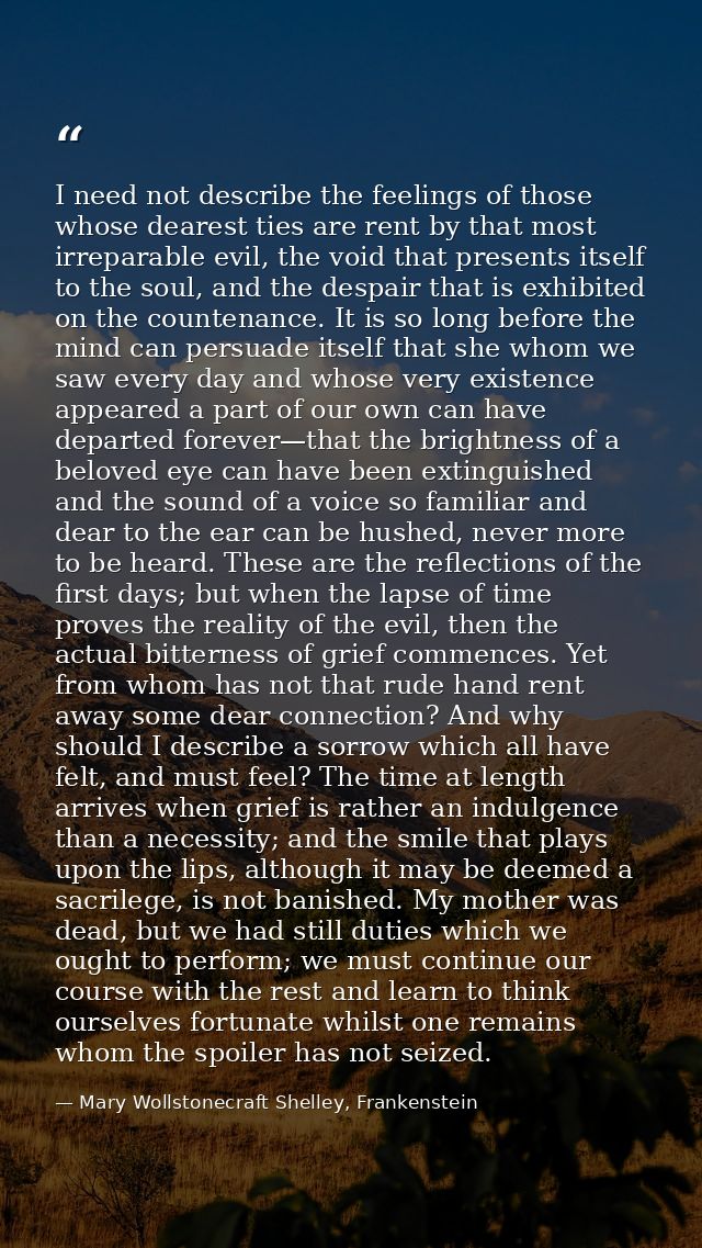 I need not describe the feelings of those whose dearest ties are rent by that most irreparable evil, the void that prese — Mary Wollstonecraft Shelley, Frankenstein