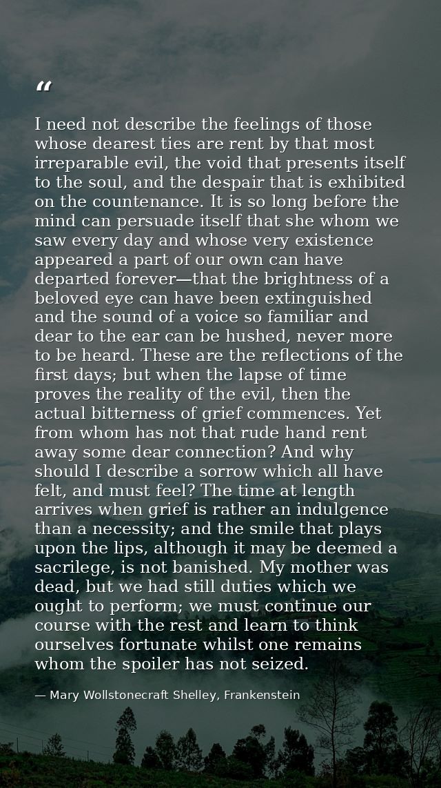 I need not describe the feelings of those whose dearest ties are rent by that most irreparable evil, the void that prese — Mary Wollstonecraft Shelley, Frankenstein