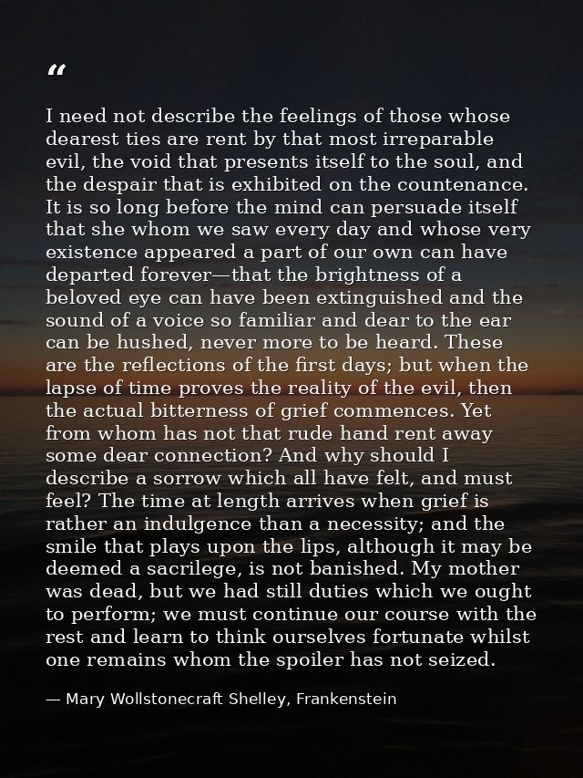 I need not describe the feelings of those whose dearest ties are rent by that most irreparable evil, the void that prese — Mary Wollstonecraft Shelley, Frankenstein