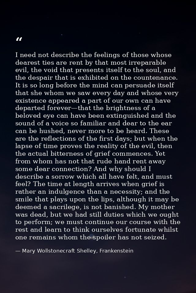I need not describe the feelings of those whose dearest ties are rent by that most irreparable evil, the void that prese — Mary Wollstonecraft Shelley, Frankenstein