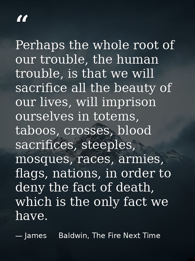 Perhaps the whole root of our trouble, the human trouble, is that we will sacrifice all the beauty of our lives, will im — James     Baldwin, The Fire Next Time