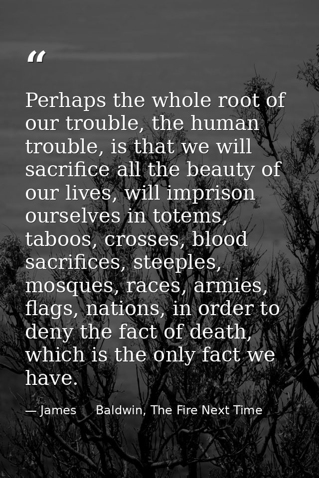 Perhaps the whole root of our trouble, the human trouble, is that we will sacrifice all the beauty of our lives, will im — James     Baldwin, The Fire Next Time