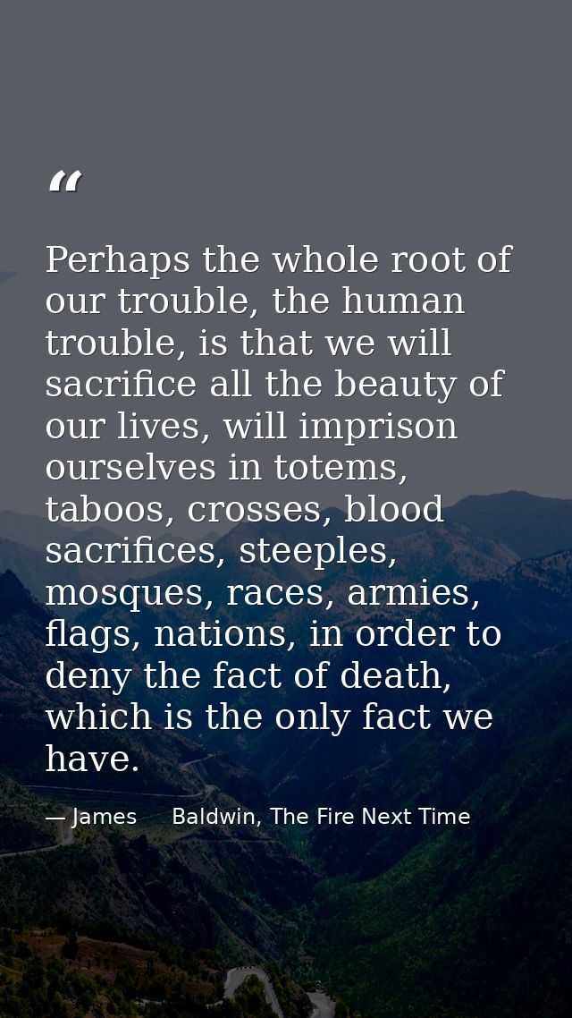 Perhaps the whole root of our trouble, the human trouble, is that we will sacrifice all the beauty of our lives, will im — James     Baldwin, The Fire Next Time