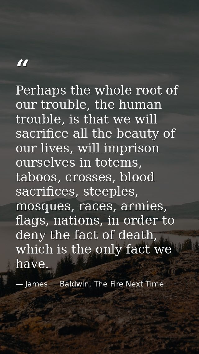 Perhaps the whole root of our trouble, the human trouble, is that we will sacrifice all the beauty of our lives, will im — James     Baldwin, The Fire Next Time