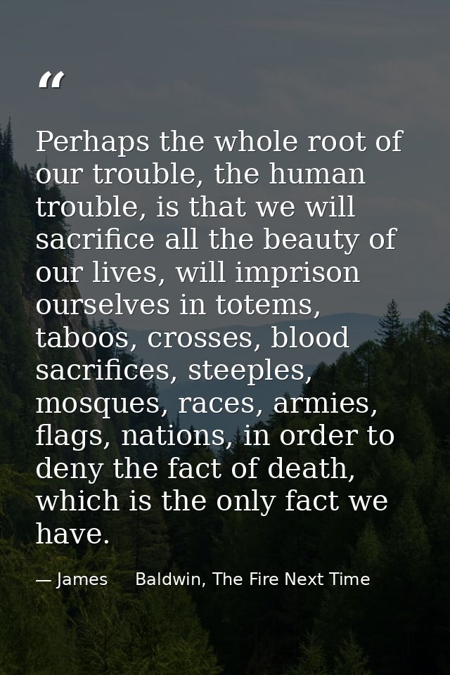 Perhaps the whole root of our trouble, the human trouble, is that we will sacrifice all the beauty of our lives, will im — James     Baldwin, The Fire Next Time