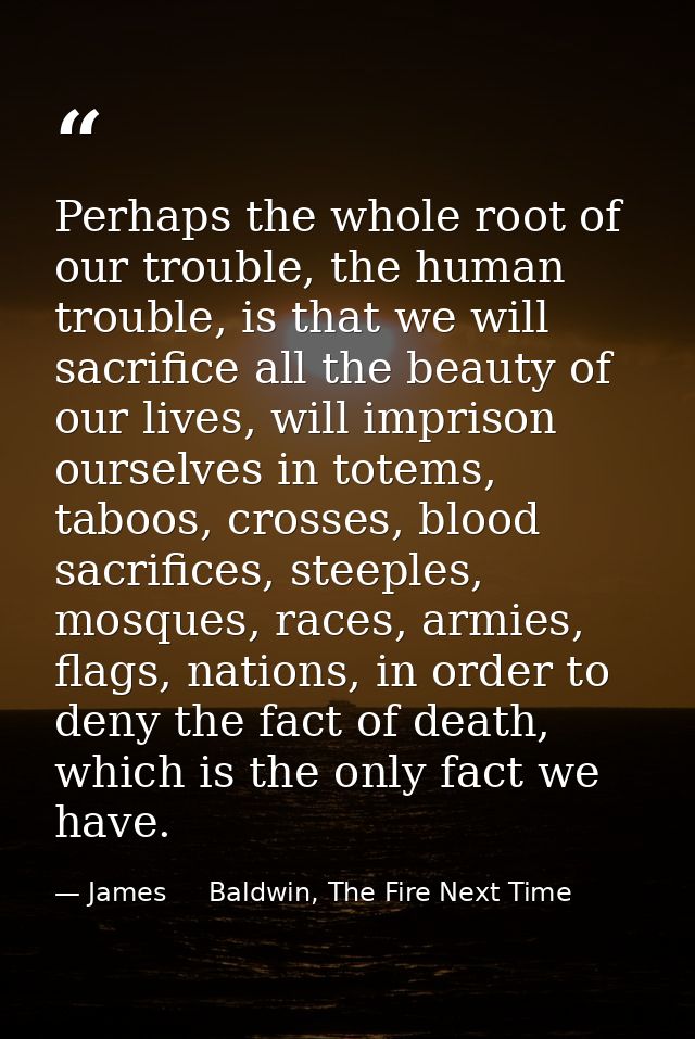 Perhaps the whole root of our trouble, the human trouble, is that we will sacrifice all the beauty of our lives, will im — James     Baldwin, The Fire Next Time