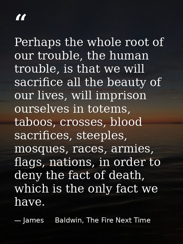Perhaps the whole root of our trouble, the human trouble, is that we will sacrifice all the beauty of our lives, will im — James     Baldwin, The Fire Next Time