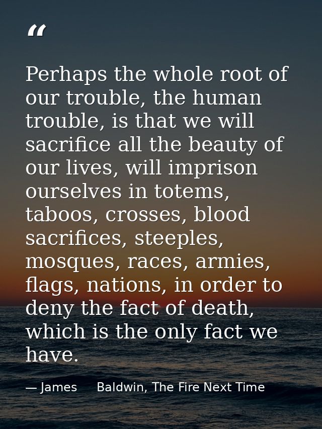 Perhaps the whole root of our trouble, the human trouble, is that we will sacrifice all the beauty of our lives, will im — James     Baldwin, The Fire Next Time