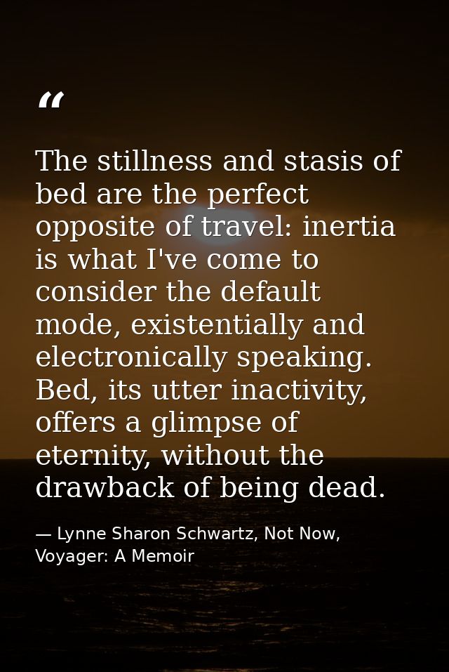 The stillness and stasis of bed are the perfect opposite of travel: inertia is what I've come to consider the default mo — Lynne Sharon Schwartz, Not Now, Voyager: A Memoir