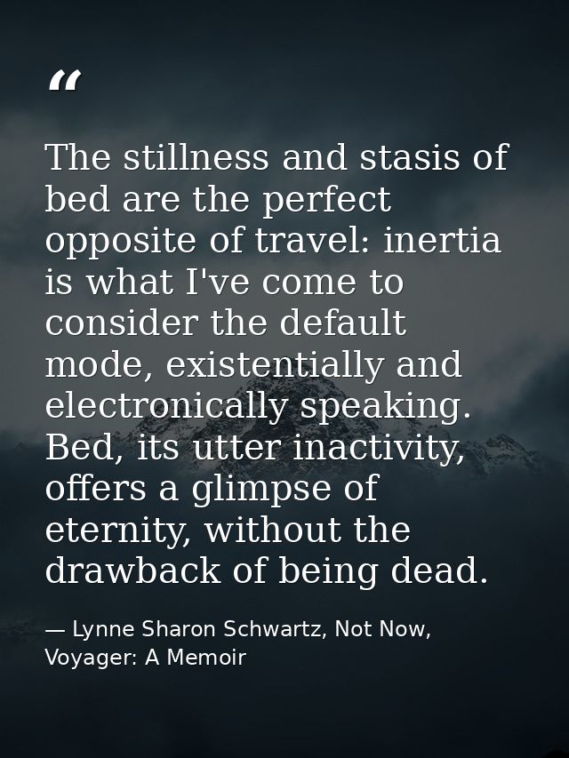 The stillness and stasis of bed are the perfect opposite of travel: inertia is what I've come to consider the default mo — Lynne Sharon Schwartz, Not Now, Voyager: A Memoir