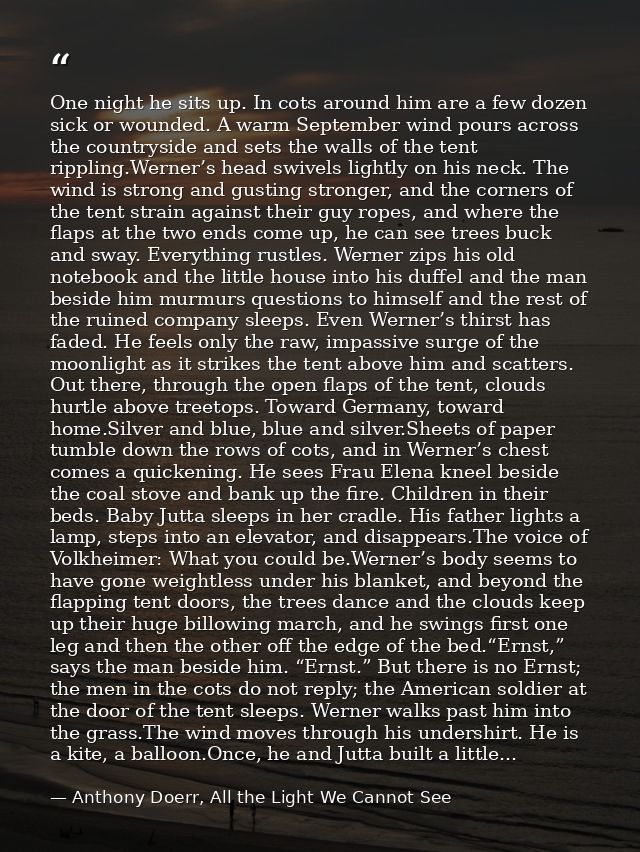 One night he sits up. In cots around him are a few dozen sick or wounded. A warm September wind pours across the country — Anthony Doerr, All the Light We Cannot See
