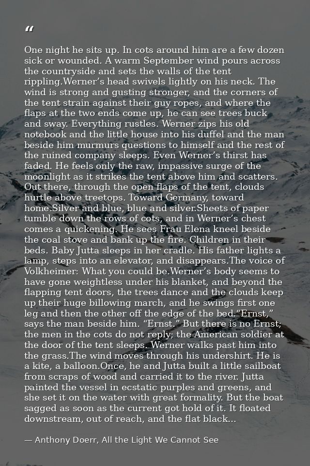 One night he sits up. In cots around him are a few dozen sick or wounded. A warm September wind pours across the country — Anthony Doerr, All the Light We Cannot See
