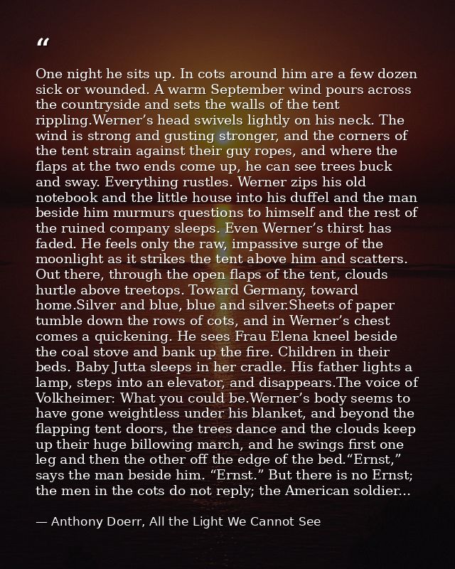 One night he sits up. In cots around him are a few dozen sick or wounded. A warm September wind pours across the country — Anthony Doerr, All the Light We Cannot See