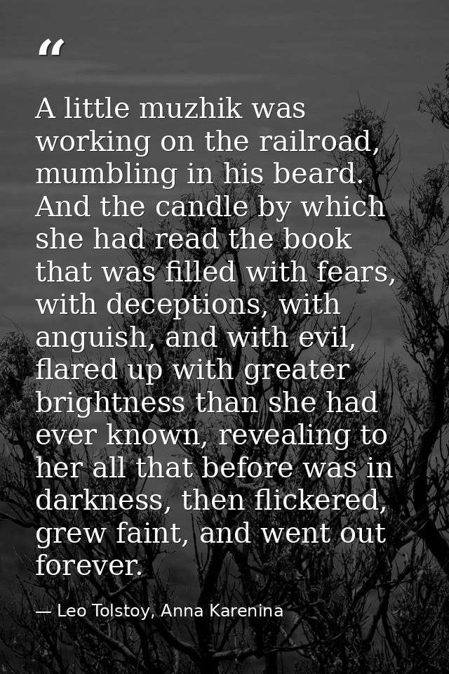 A little muzhik was working on the railroad, mumbling in his beard. And the candle by which she had read the book that w — Leo Tolstoy, Anna Karenina