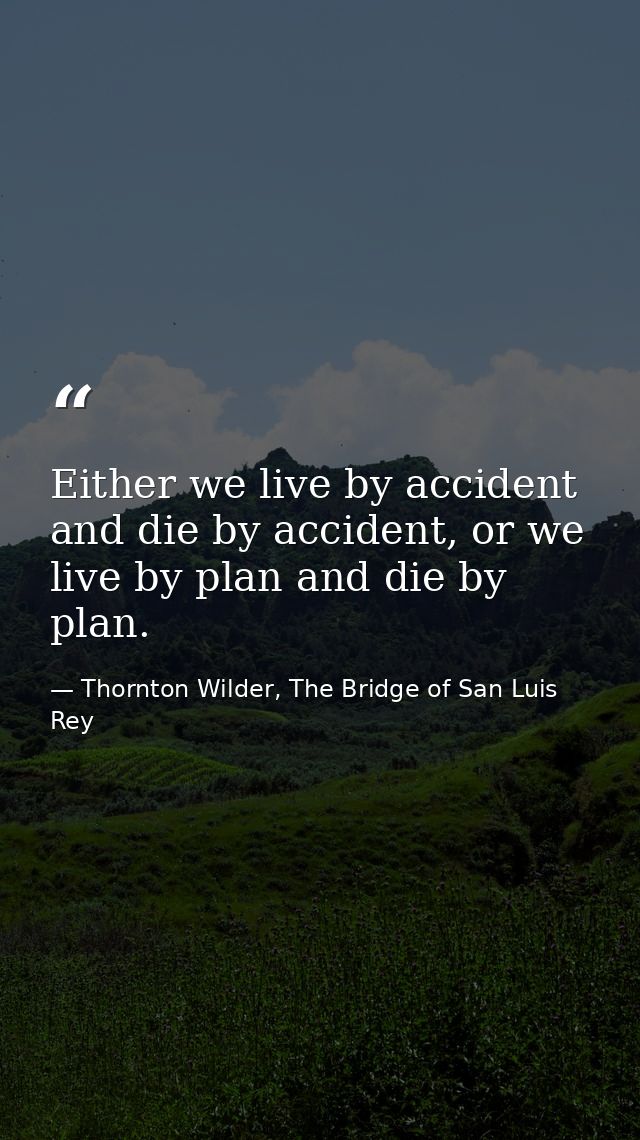 Either we live by accident and die by accident, or we live by plan and die by plan. — Thornton Wilder, The Bridge of San Luis Rey