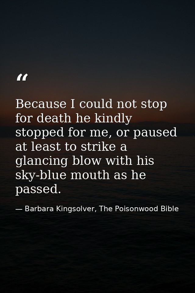 Because I could not stop for death he kindly stopped for me, or paused at least to strike a glancing blow with his sky-b — Barbara Kingsolver, The Poisonwood Bible