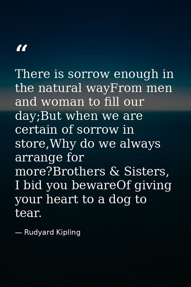 There is sorrow enough in the natural wayFrom men and woman to fill our day;But when we are certain of sorrow in store,W — Rudyard Kipling