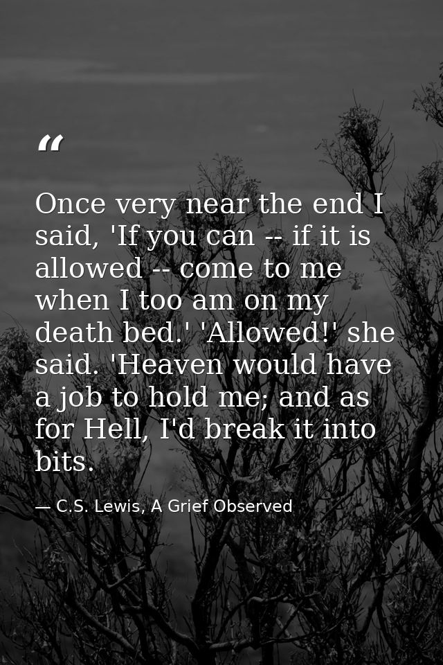Once very near the end I said, 'If you can -- if it is allowed -- come to me when I too am on my death bed.' 'Allowed!'  — C.S. Lewis, A Grief Observed
